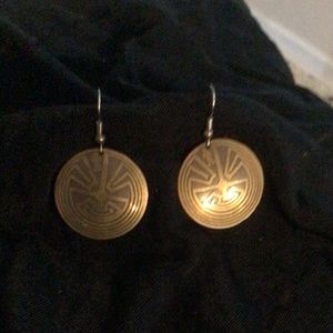 Aztec design earrings on brass , 1” diameter